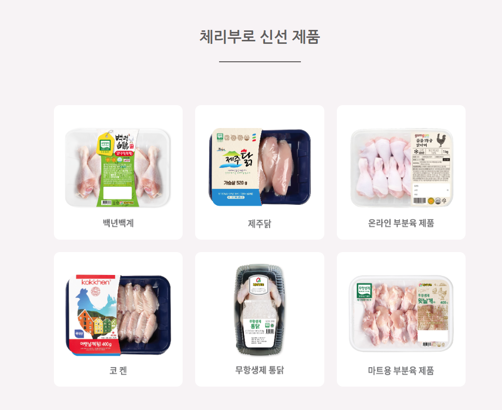 Cherrybro fresh chicken product lineup including Baeknyeonbaekgye, Jeju chicken, processed cuts, and antibiotic-free whole chicken products