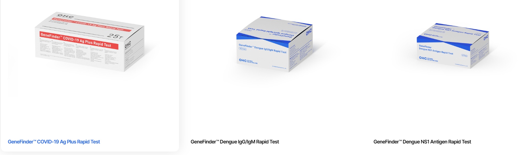 오상헬스케어의 진단 제품 이미지로, OHC COVID-19 Antigen Self Test와 QuickFinder COVID-19/Flu Antigen Self Test 패키지가 함께 배치된 모습