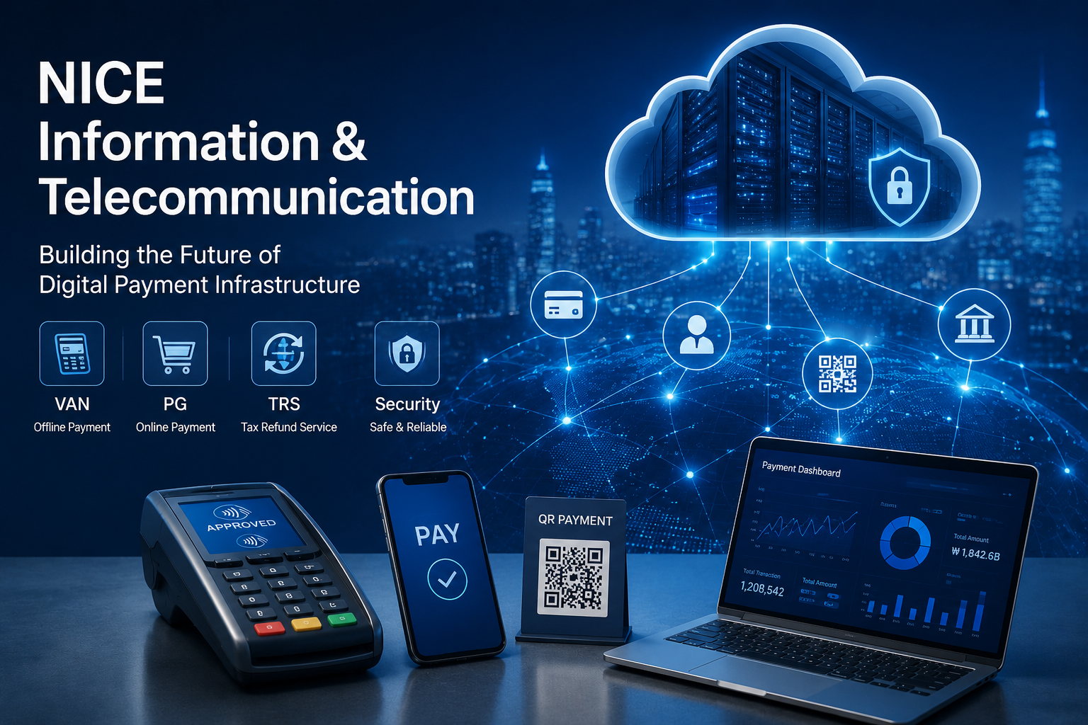 Corporate fintech banner showing NICE Information & Telecommunication’s digital payment infrastructure with VAN, PG, TRS, security, cloud servers, payment terminal, QR payment, and payment dashboard.