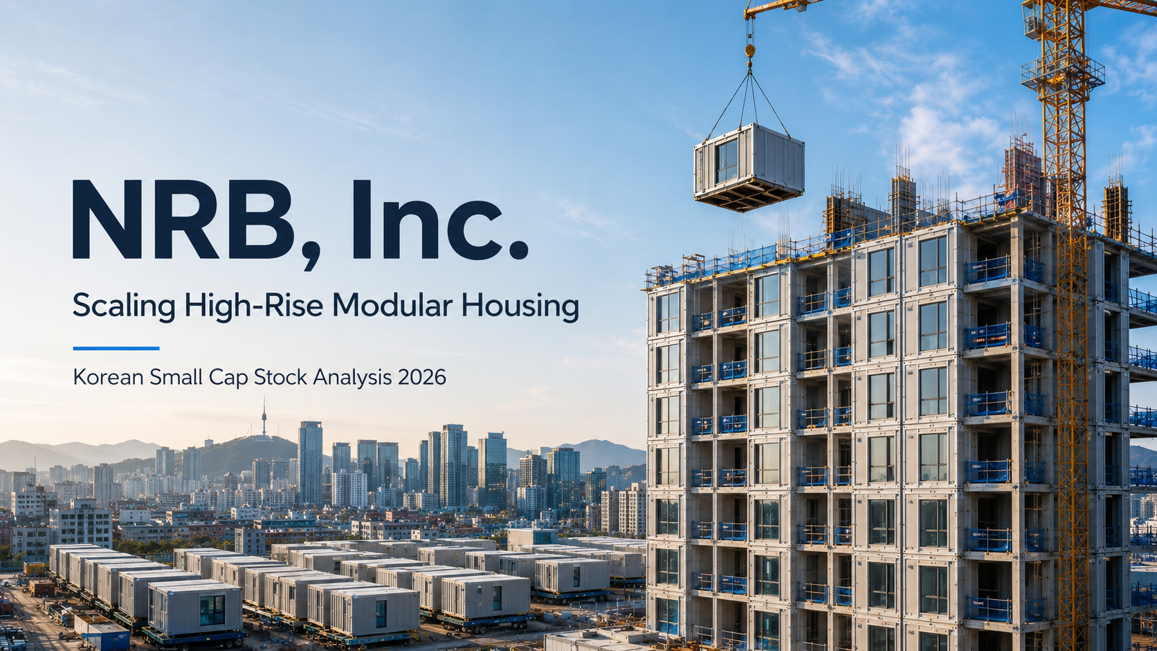 High-rise modular apartment construction with a crane lifting a prefabricated housing module at a Korean urban construction site